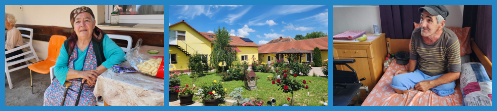 Elder Orphan Care friends and a bright yellow elder care home in Romania