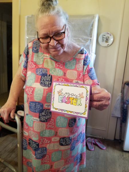 One of our older friends in North Carolina shows a card she received from her friend in Indiana